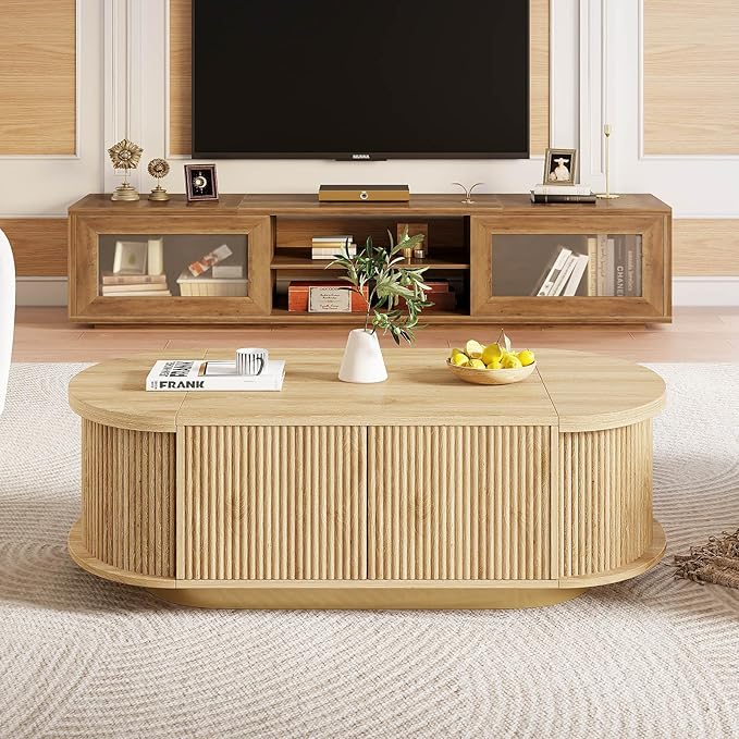 HSH Farmhouse Oval Coffee Table with Storage, 47” Modern Coffee Table with Press Type Door, Fluted Living Room Tables with 2 Flip-Top Hidden Lids, Wood Center Table for Living Room, Office Oak