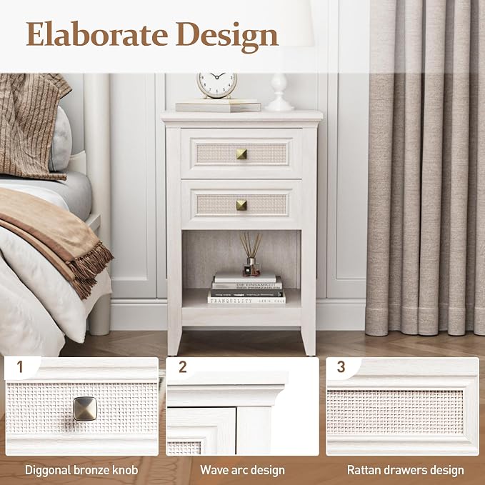 RoyalCraft Rattan Nightstand, Boho Bedside Table with 2 Rattan Decor Drawers, Accent End Table with Open Storage Shelf, Wood Bedside Unit for Bedroom, Home Office, Grayish White - Image 3