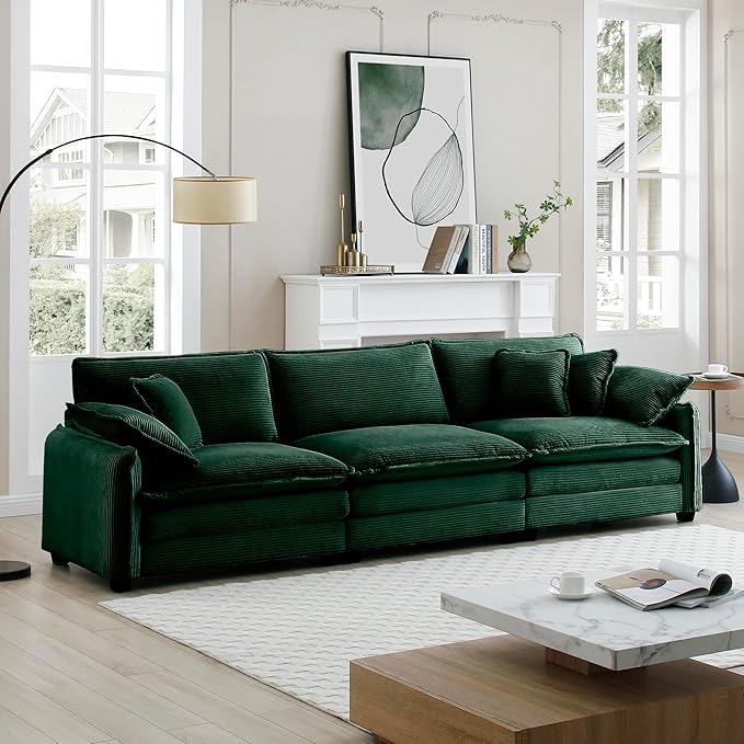 KEIKI 115" Oversized Corduroy Modular Sectional Cloud Sofa with High-Density Foam Cushions, Removable Armrests, Upholstered Modern 3-Seater Fluffy Corner Couch with 5 Pillow, for Living Room, Green