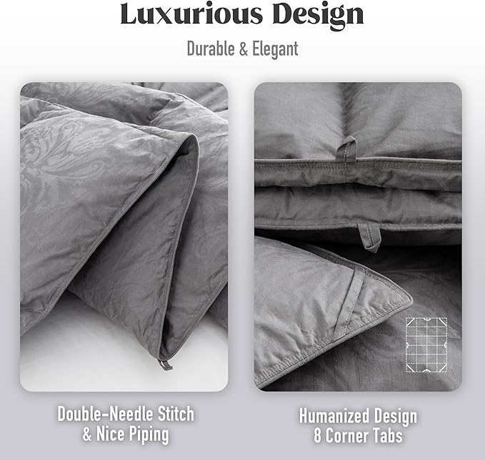 DAICO Goose Feather Down Comforter Full Size, All Season Luxury Hotel Fluffy Duvet Insert, Ultra Soft 100% Cotton Shell with 8 Corner Tabs, Paisley Design (82x90'', Grey)