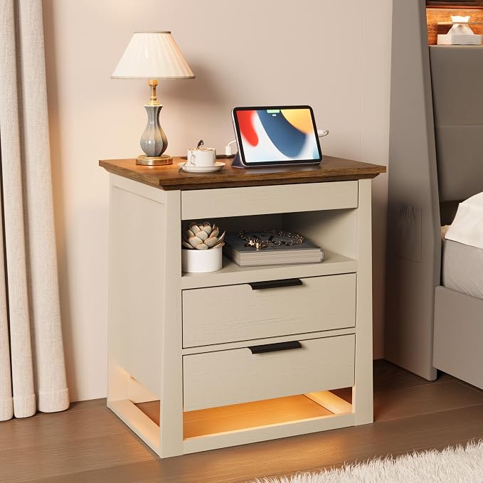 Rresyet 3 Drawer Nightstand with Charging Station & LED Lights & Open Shelf, Modern Night Stand with Storage, Wooden Bedside Table for Bedroom Room, Office (White) - Image 7