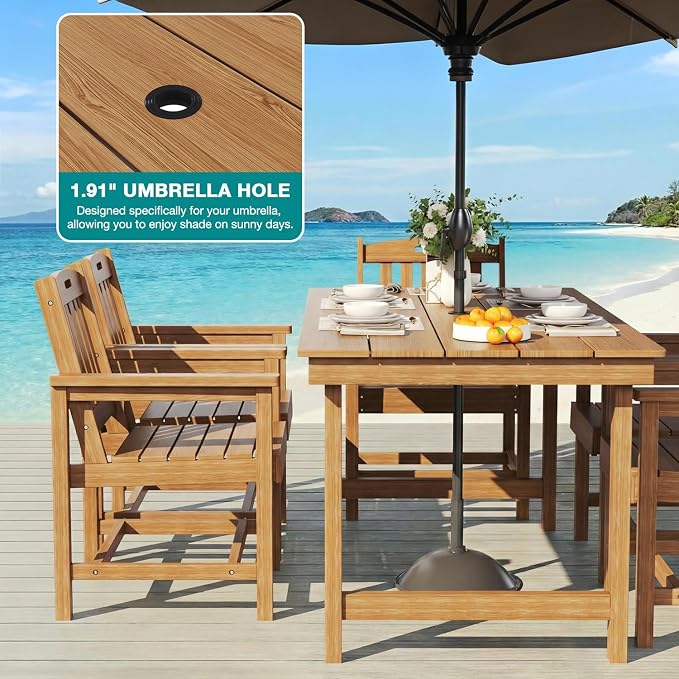 Mdeam 7-Piece HIPS Outdoor Dining Set, 66.9" Wood Texture Patio Table with Umbrella Hole, 440LBS Capacity, 6 Wider Chairs, Dining Table Set for 6, Outdoor Furniture with Galvanized Steel Frame, Teak - Image 4