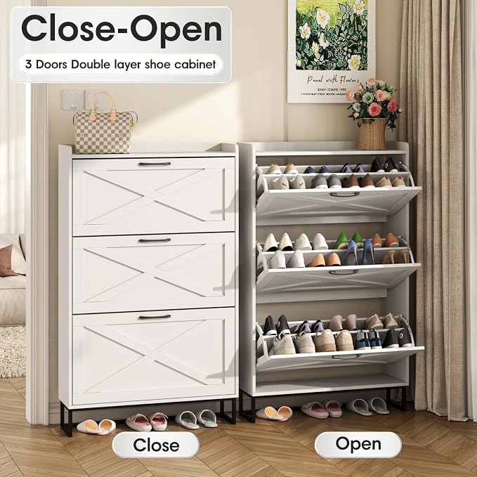 Maupvit Shoe Storage Cabinet with 3 Flip Drawers, Freestanding Organizer with Metal Legs for Entryway, Narrow Shoe Rack Cabinet, White - Image 3