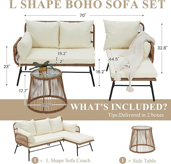 Bezseller 3-Piece Outdoor Patio Furniture Set – L-Shaped Rattan Sectional Sofa with Detachable Lounger, Glass Coffee Table & 4" Cushions – All-Weather PE Wicker for Backyard, Porch, Poolside