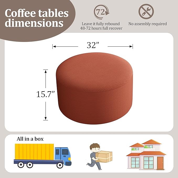 Round Coffee Table 32" Ottoman for Corduroy Cloud Sectional Couches in a Box Memory Foam Compressed Pouf Footstool Rest for Living Room, Bedroom, Makeup Room No Assembly Require (Orange, 32")