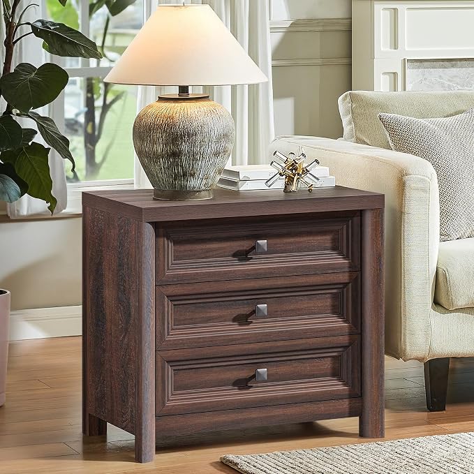 Farmhouse Walnut Nightstand, Large Nightstand with 3 Drawers, Wood Night Stand for Bedroom, Modern End Table for Living Room Closet, 26.7” Wide with Metal Knobs - Image 7