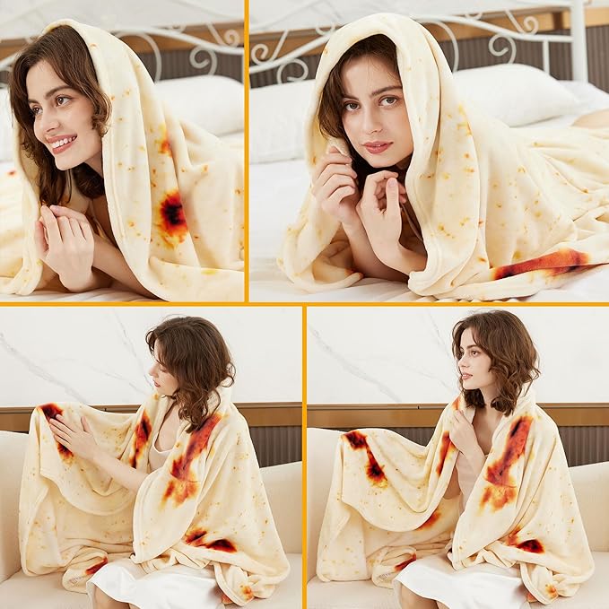 LetsFunny Burrito Tortilla Throw Blanket, 60in Double Sided Burrito Taco Tortilla Wrap Blankets, Giant Funny Realistic Food Blankets, Soft Lightweight Flannel Round Blanket for White Elephant Gift