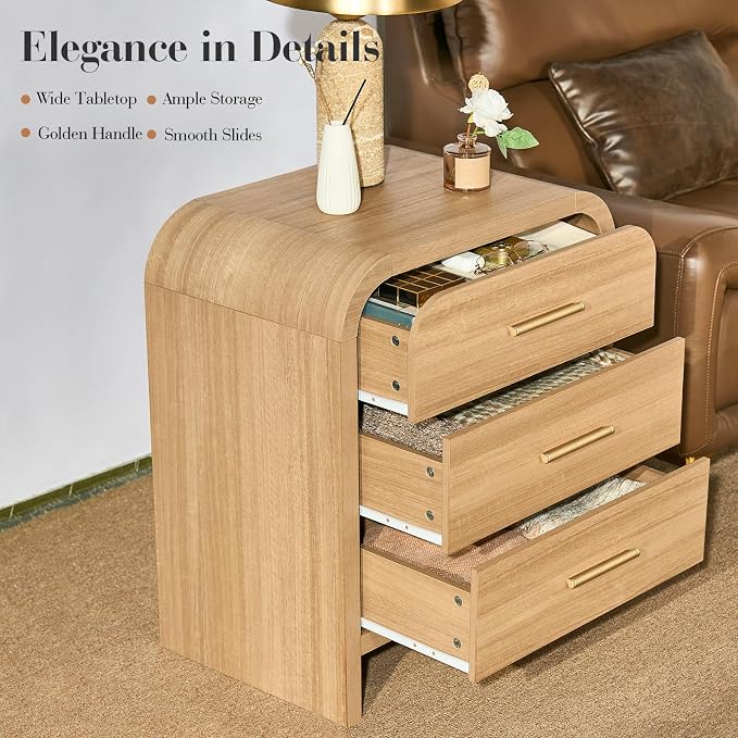 Farmhouse Nightstand Set of 2, 23.5" Curved Modern Night Stand with 3-Drawer, Bedside Table, End Table for Bedroom, Storage Cabinet Furniture, Oak - Image 7