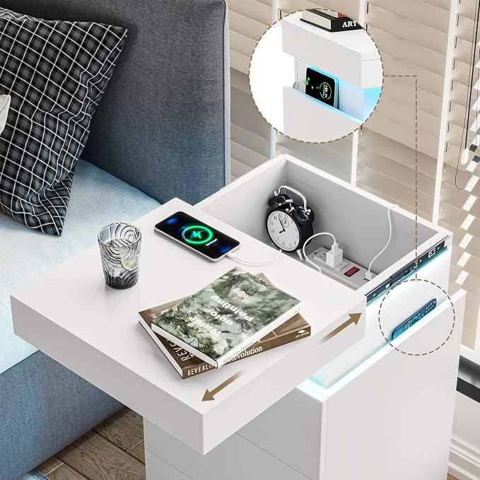 ADORNEVE Nightstand with Charging Station and LED Lights,Night Stand with Sliding Top for Bedroom,Bedside Table with Drawers,Modern End Side Table,White - Image 3