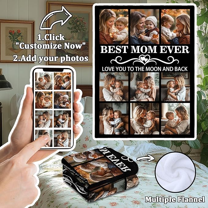 Personalized Mother's Day Blanket Gifts for Mom from Daughter Son, Best Mom Ever Custom Blanket with Pictures Text, Personalized Mother's Day Birthday Gifts for Wife from Husband