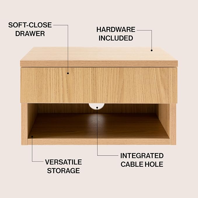 JONATHAN Y Ettore 15.71" Mid-Century Modern Floating Wall Mounted Nightstand with Soft-Close Drawer and Cable Hole, Light Oak (Set of 2) (NST2002C-SET2) - Image 4