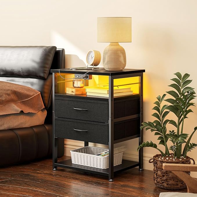 AODK Nightstand with Charging Station & LED Lights, 27.6" Tall Bedside Table with 4-Tier Storage, 2 Fabric Drawers & 2 Open Shelves, Space-Saving End Table for Bedroom, Black - Image 3