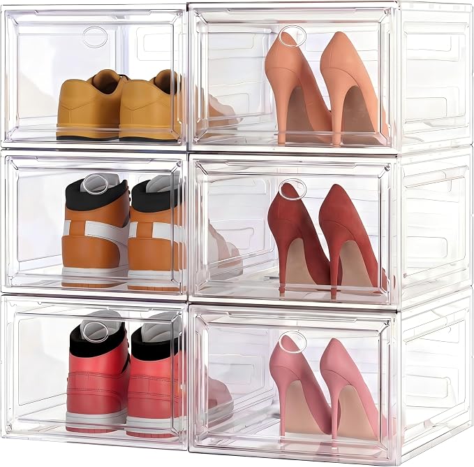 Thickened Clear Shoe Storage Organizer with Magnetic Door, Sturdy Stackable Shoe Boxes for Closet, Collapsible Space-Saving Shoe Rack for Sneakers & Boots, Plastic Shoe Cabinet Box Set, 6 Pack, White by 7+code