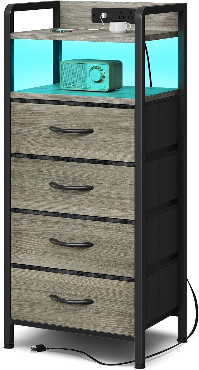 Lazzanto Grey NightStand with Charging Station - Morden Nightstand with USB Ports & AC Outlets, Grey End Table with Storage Shelf & 4 Fabric Drawers, LED Light Strip by Lazzanto