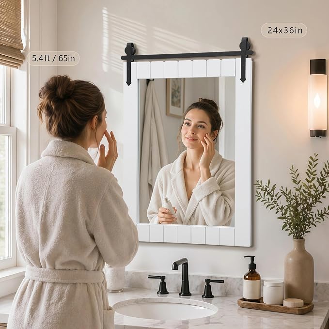 Besdomus Rustic Bathroom Farmhouse Mirror: 24"x36" White Western Barn Door Solid Cedar Wood Frame Vanity Mirror - Wall Mounted for Bathroom/Hallway/Living Room - Rustic Decor for Fashion-Conscious - Image 2