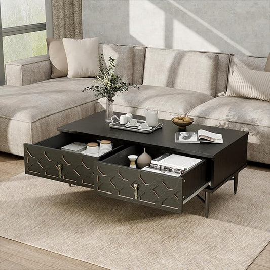 Farmhouse Coffee Table, Carved Decorative Center Table, Tea Table, Fluted Wooden Coffee Table with Storage for Living Room and Office. Ebony Black