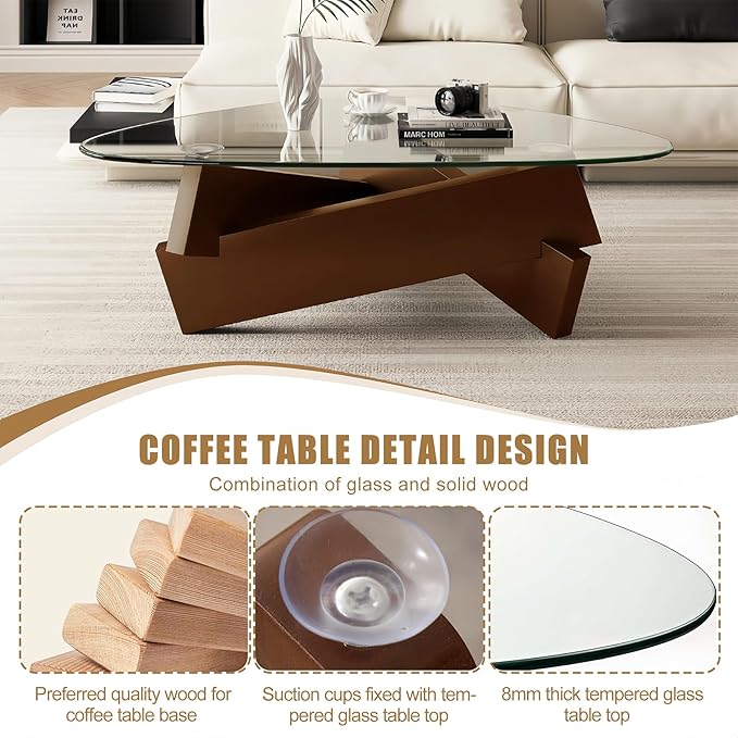Walnut Triangle Coffee Table 35.5'' x 27.5'' x 15.7'' Modern Mid Century Glass Coffee Table Rustic Brown Solid Wood Center Table Funky Retro Vintage Tea Table for Living Room & Small Space