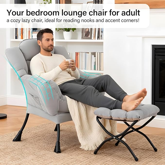 Lazy Chair with Ottoman, Modern Accent Chair with Lumbar Pillow, Grey Sofa, Armchairs with Folding Footrest, Oversized Supportive Chairs for Bedroom, Reading
