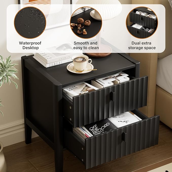 Furniway Nightstand Set of 2, Modern End Table with Solid Wood Legs, Bedside Table with 2 Drawers and Metal Handles for Bedroom, Black - Image 3
