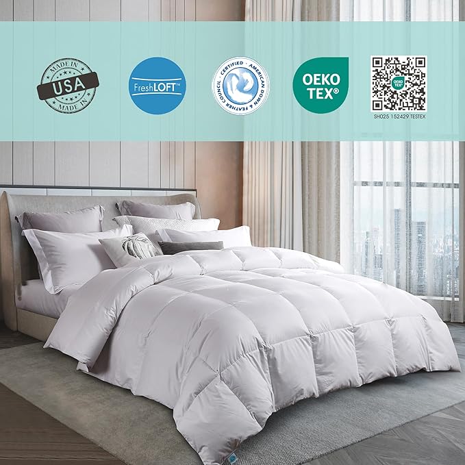 Martha Stewart White Down Feather Comforter Twin Size - 600 Fill Power 100% Cotton Down Duvet Insert, Made in USA, All Season Medium Warmth Comforter with Corner Loops - 68" x 90"