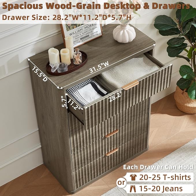 LEYAOYAO Fluted 5 Drawers Dresser for Bedroom, 41" Tall Modern Chest of Drawers with Metal Handle, Curved Profile Farmhouse Closet Organizer Wood Dressers TV Stand for Living Room, Hallway,Grey - Image 2