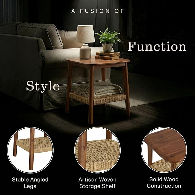 Alaterre Furniture Calais 2-Tier Solid Wood End Table with Woven Storage Shelf – Mid Century Modern Nightstand or Side Table for Living Room, or Bedroom (Chestnut) - Image 4
