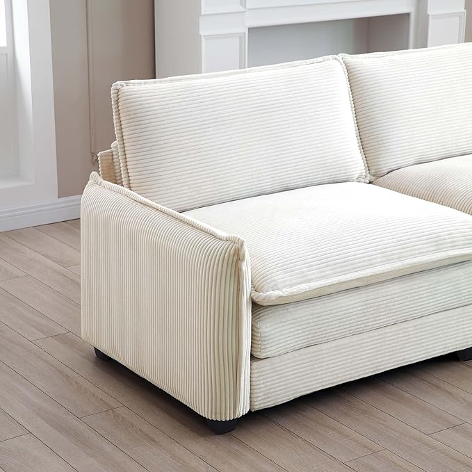 KEIKI 81" Oversized Corduroy Modular Sectional Loveseat Sofa with 2 Ottoman, High-Density Foam Cushions, Removable Armrests, Upholstered 2-Seater Corner Couch with 4 Pillow, for Living Room, Beige