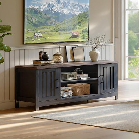 ChooChoo 54" Farmhouse TV Stand for TVs up to 65 inches, Entertainment Center with Storage Cabinets, Open Shelves and Fluted Door, TV Console Table for Living Room, Bedroom, Black by ChooChoo