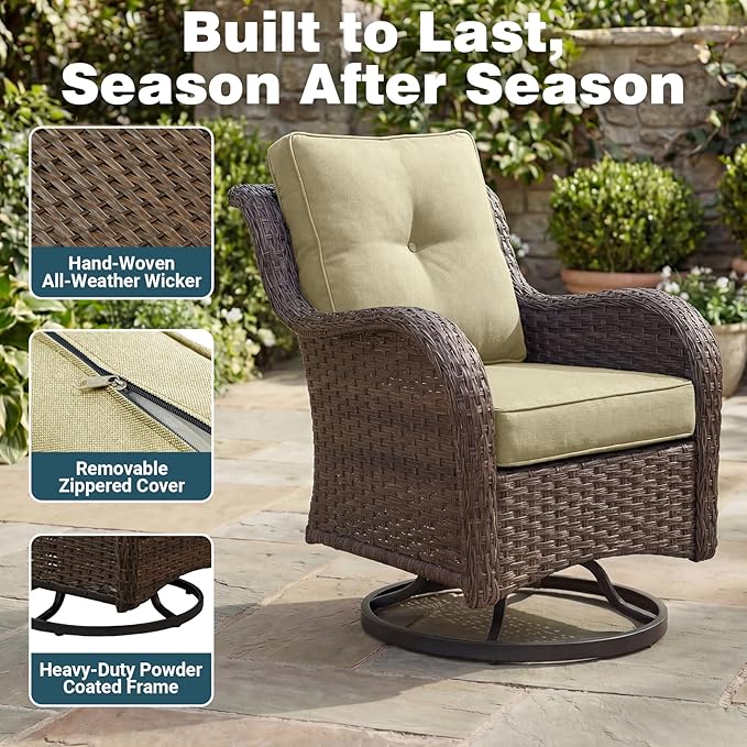 Patio Furniture Set, 10PCS Outdoor Wicker Conversation Set with 6" Thick Cushions, High Back Rattan Sofa & Swivel Rocker Chairs, Weather Resistant Olefin Fabric for Garden, Poolside, Beige