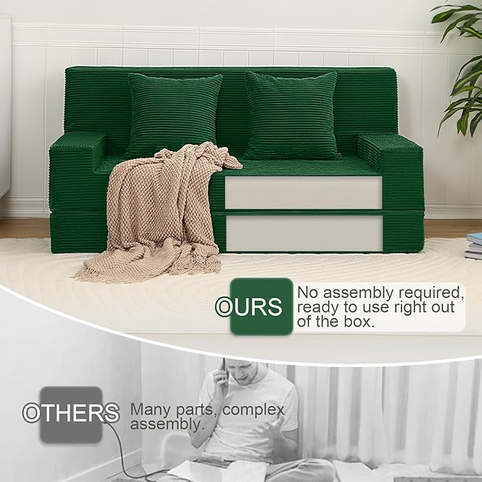 MeMoreCool Corduroy Loveseat Sleeper Sofa – Green Boneless Fold-Out Couch Bed with Foam Core, Convertible Floor Futon with Pillow & Washable Cover for Small Spaces, Bedroom, Guest Room