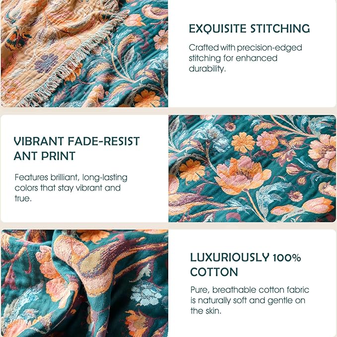 Boho Throw Blanket - 100% Cotton Ultra Soft Muslin Blanket, 60"x80" Lightweight Floral Bird Framhouse Bedding Spring Blanket for Bed, All Season Green Bohemian Bedroom Home Decor Quilt