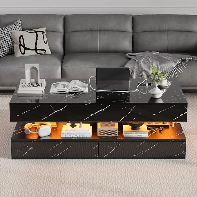 47" Modern LED Coffee Table with 2 Drawers, High Glossy Double-Layer Center Table with Wireless Charging and Built-in Bluetooth Speaker Smart Table for Living Room with Marbling