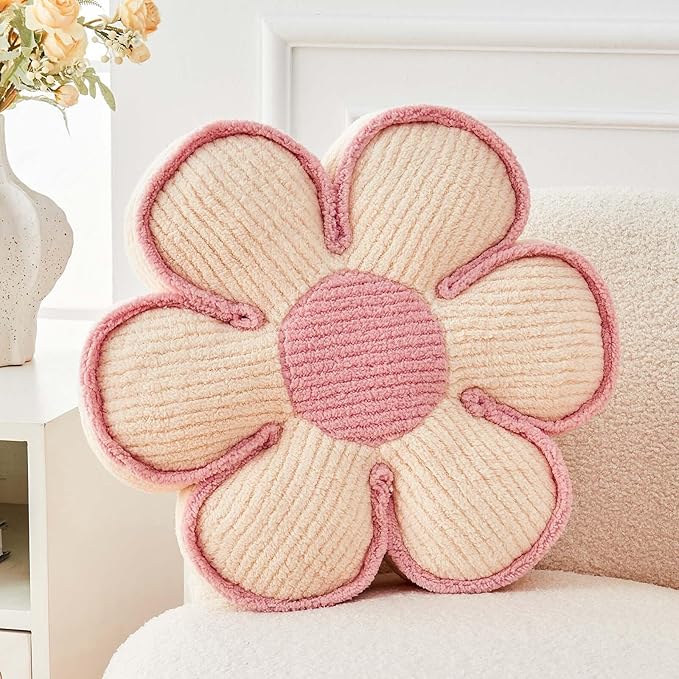 Kcvvcr Flower Pillow, Soft Flower Decorative Throw Pillow, Cute Daisy Flower Shaped Seating Floor Cushion Room D??cor Plush Pillows for Sofa Couch Bed (13.7 Inch, Ivory)