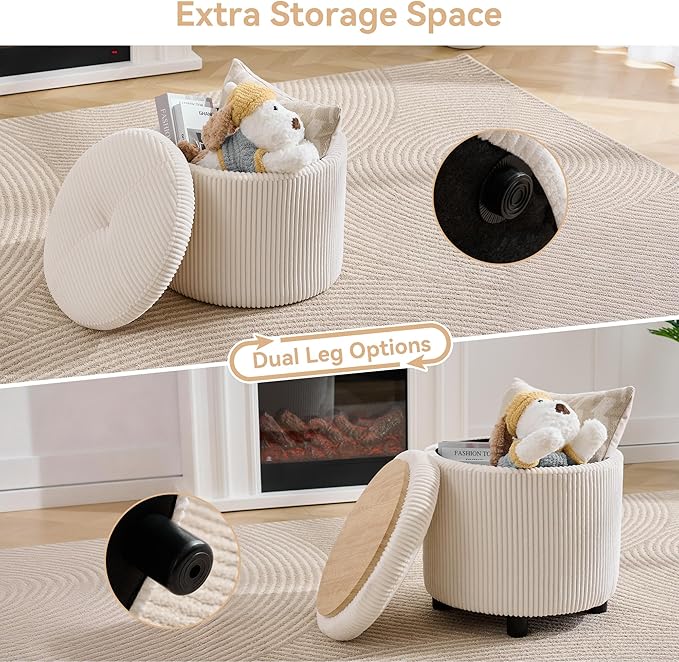 WUTUTUEE Corduroy Storage Ottoman with Flip-Top Tray, Modern Upholstered Ottoman Coffee Table, Dual Leg Options Ottoman Footrest for Living Room, Bedroom, Office, White