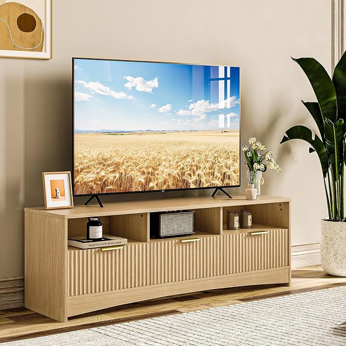 AMADA HOMEFURNISHING Fluted TV Stand for TVs Up to 65″, Mid-Century Modern Entertainment Center with Storage Drawers and Open Shelf, TV Console for Living Room or Bedroom, Natural Oak - Image 7