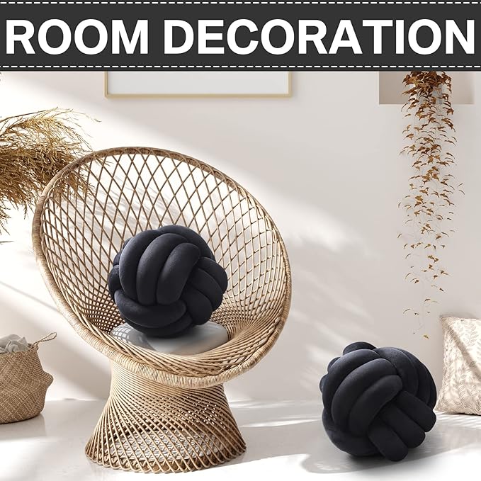 Namalu 2 Pcs Soft Knot Pillow Ball, Decorative Round Throw, Soft Knotted Plush Pillows, Handmade Stuffed Ball Pillows Cushion for Bedroom Sofa Couch Home Decor(10.6 Inches,Black)