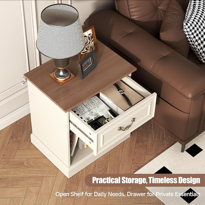 Nightstand Set of 2 with Drawer and Open Shelf, Wooden Bed Side Table for Bedroom, Modern End Table Side Table for Living Room, Small Night Stand Set 2 Furniture for Small Spaces (Beige) - Image 4