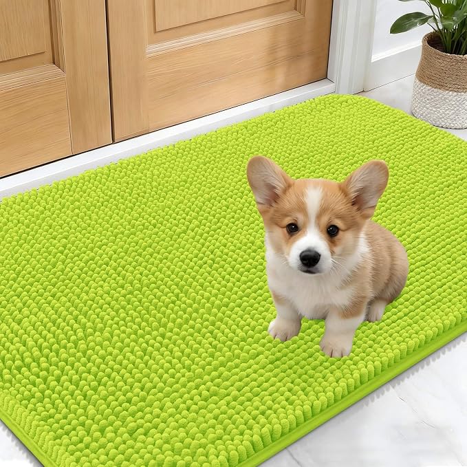 OLANLY Dog Door Mat for Muddy Paws 24x16, Absorbs Moisture and Dirt, Absorbent Non-Slip Washable Doormat, Quick Dry Chenille Mud Mat, Entry Indoor Entryway Carpet for Inside Floor, Bright Green by OLANLY