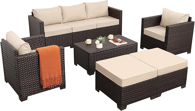 6 Pieces Patio Outdoor Furniture Outdoor Conversation Sets Wicker Sofa Set with Outdoor Couch Patio Chairs Storage Coffee Table Khaki Cushions Waterproof Covers
