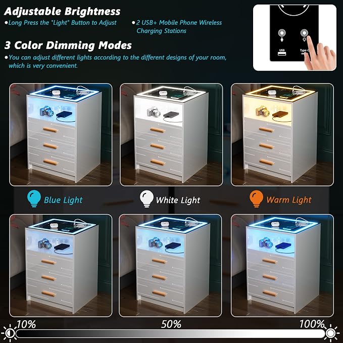 Lvifur LED Nightstand Set of 2 with Wireless Charging Station and USB&Type-C Ports for Bedroom White,3 Color Dimmable Bedside Table with Touch Screen for Office - Image 5