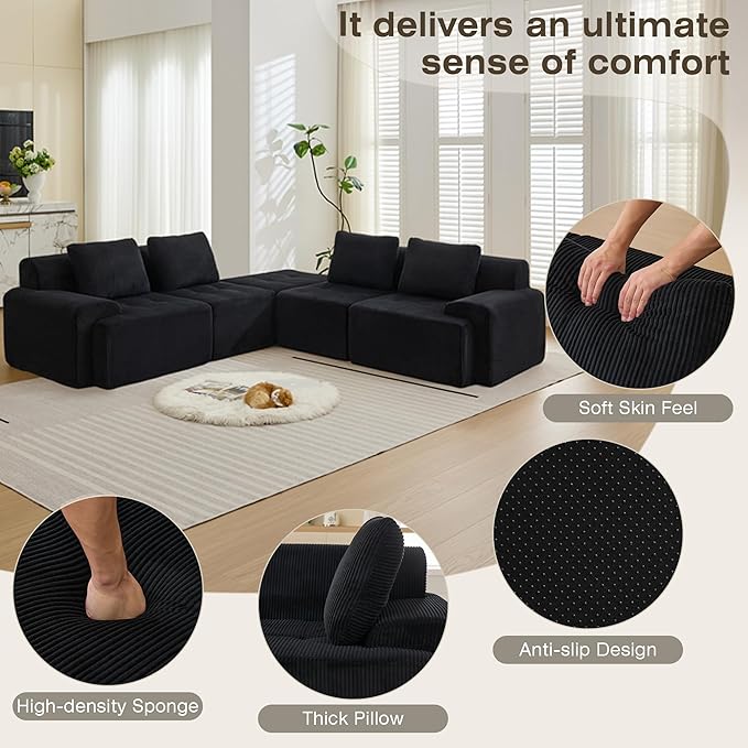 Modular Sectional Sofa, Boneless Couches for Living Room, Corduroy Couch, Big Comfy Couch, Modular Cloud Sofa with Deep Seat (Black, 5 Pieces-L Shape)