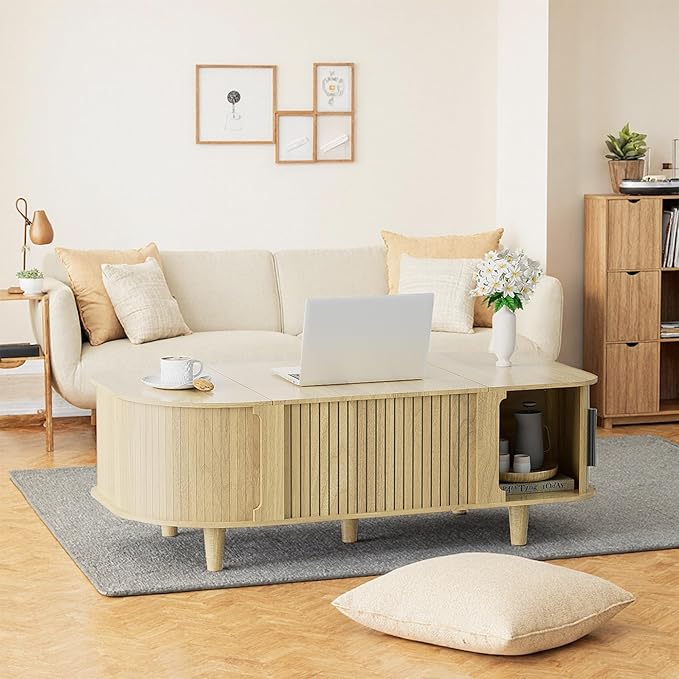 Lift Top Coffee Table, Oval Mid Century Modern Center Table with 3 Hidden Storage, 41" Coffee Tables with Sliding Door and Open Cabinet for Living Room Bedroom Office, Natural Wood