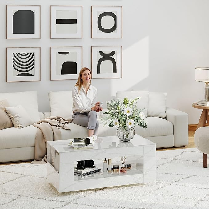Glossy Coffee Table with Open Shelf Storage - High Gloss Modern Cocktail Table for Living Room, Bedroom, Office