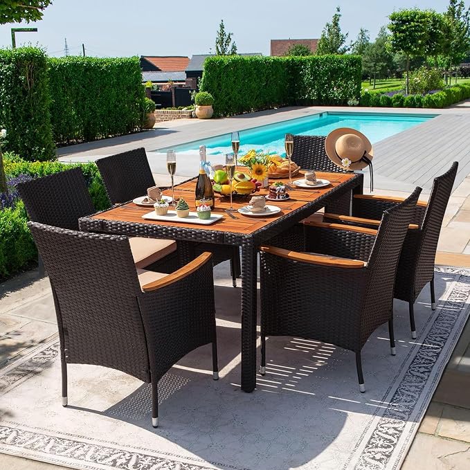 Devoko Dining 7 PCS Furniture, Patio Conversation Set with Acacia Wood Table Top, Outdoor, Beige Cushion and Black Rattan - Image 2