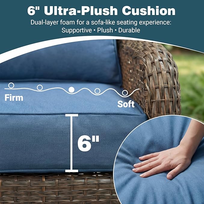 Patio Furniture Set, 12PCS Outdoor Wicker Conversation Set with 6" Thick Cushions, High Back Rattan Sofa & Swivel Rocker Chairs, Weather Resistant Olefin Fabric for Garden, Poolside, Navy Blue
