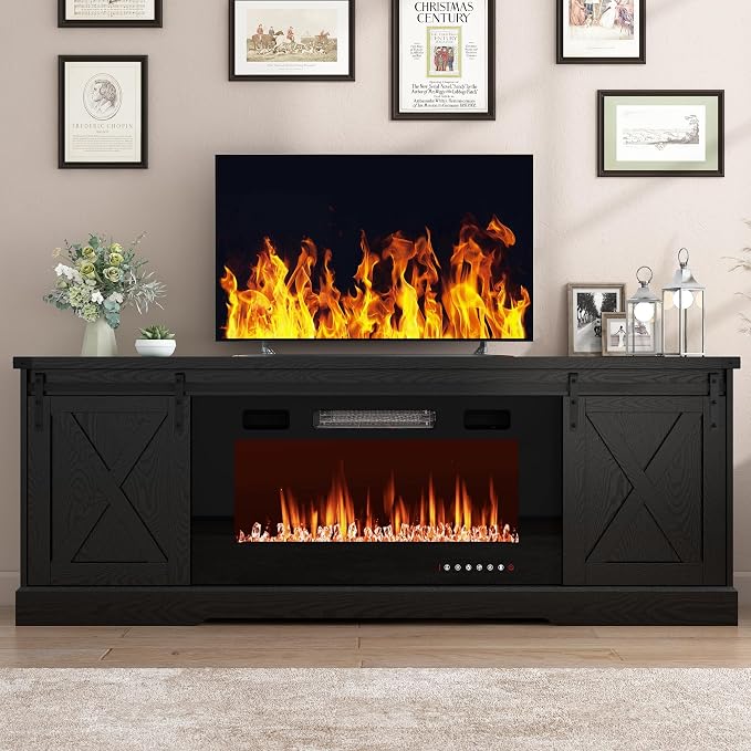 Farmhouse Fireplace TV Stand for 70/75/80 Inch TV, 70 inch Entertainment Center Storage Cabinets with 36”Electric Fireplace and Sliding Barn Doors, Media Console Cabinet for Living Room, Black by Hlivelood