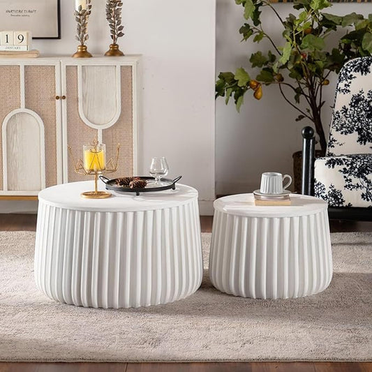 kevinplus 46.46'' White Round Coffee Table Set of 2 with Storage Space & Lift-Off Lid, Modern Circle Fluted Drum Nesting Coffee Table for Living Room, Curved-Edge Shape & No Assembly, White