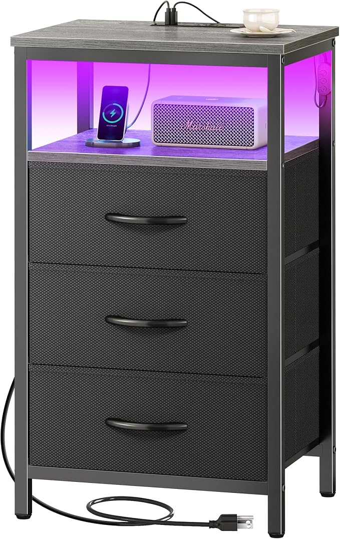 Huuger Night Stand with Charger Station and LED Lights, 3 Drawer Nightstand, Bed Side Table with Open Shelf, End Table, Tall Fabric Dresser for Bedroom, Grey by Huuger