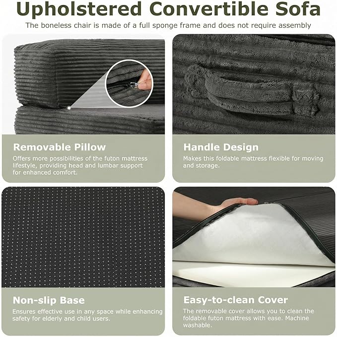 5-in-1 Convertible Sofa Bed, Boneless Loveseat Sleeper with Removable Cushions & Washable Cover,Futon Sofa Bed with Handle, Pull Out Couch for Small Spaces, King Size, Grey