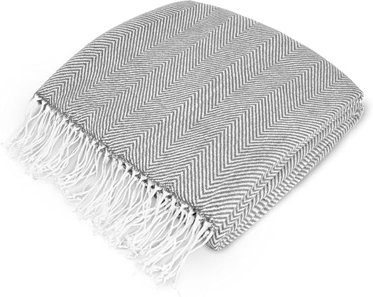 PAVILIA Light Gray Herringbone Throw for Couch, Decorative Outdoor Accent Blanket, Faux Cashmere, 50x60